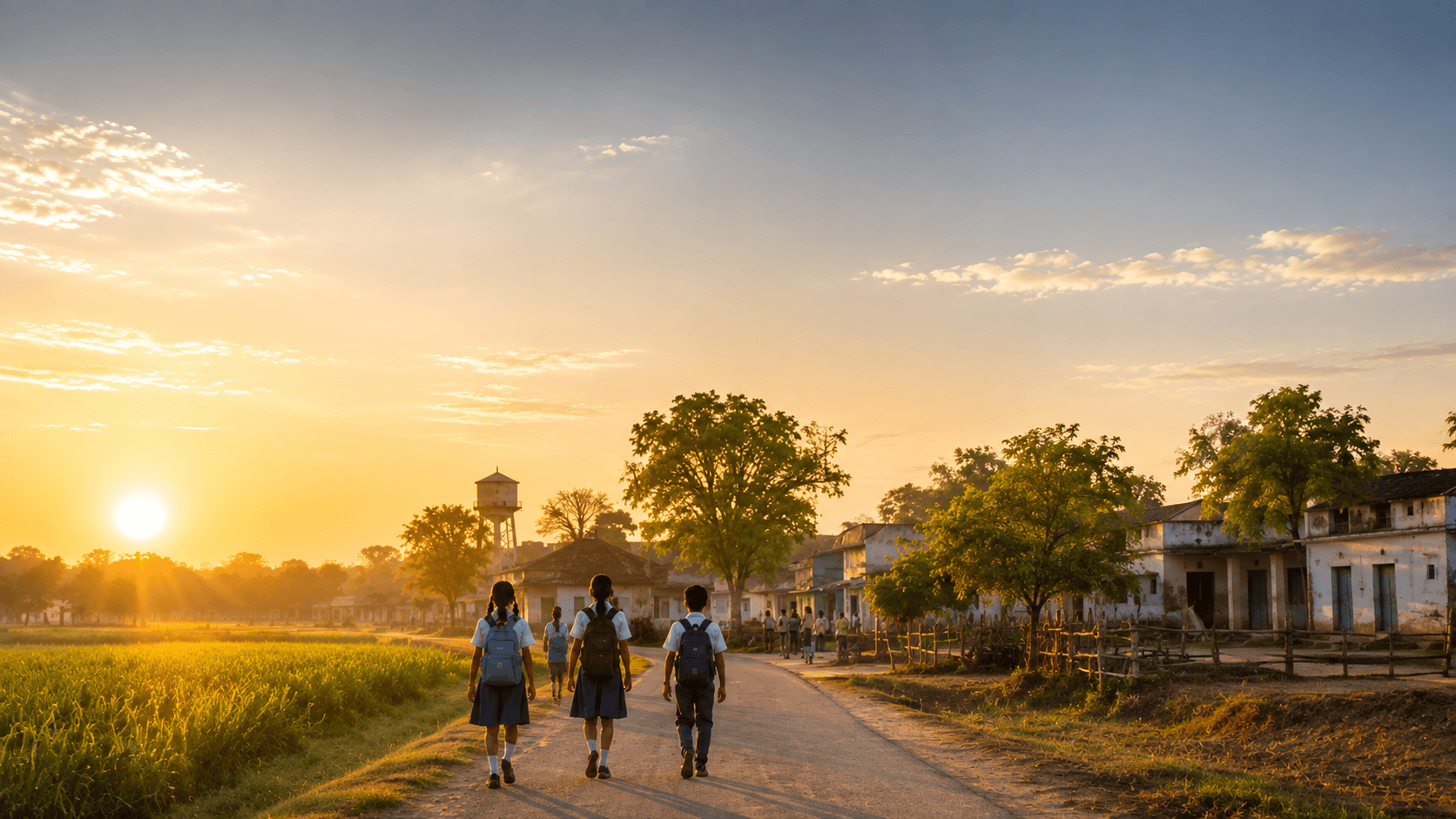 Schoolchildren walking a village road at sunrise on the edge of Shirpur