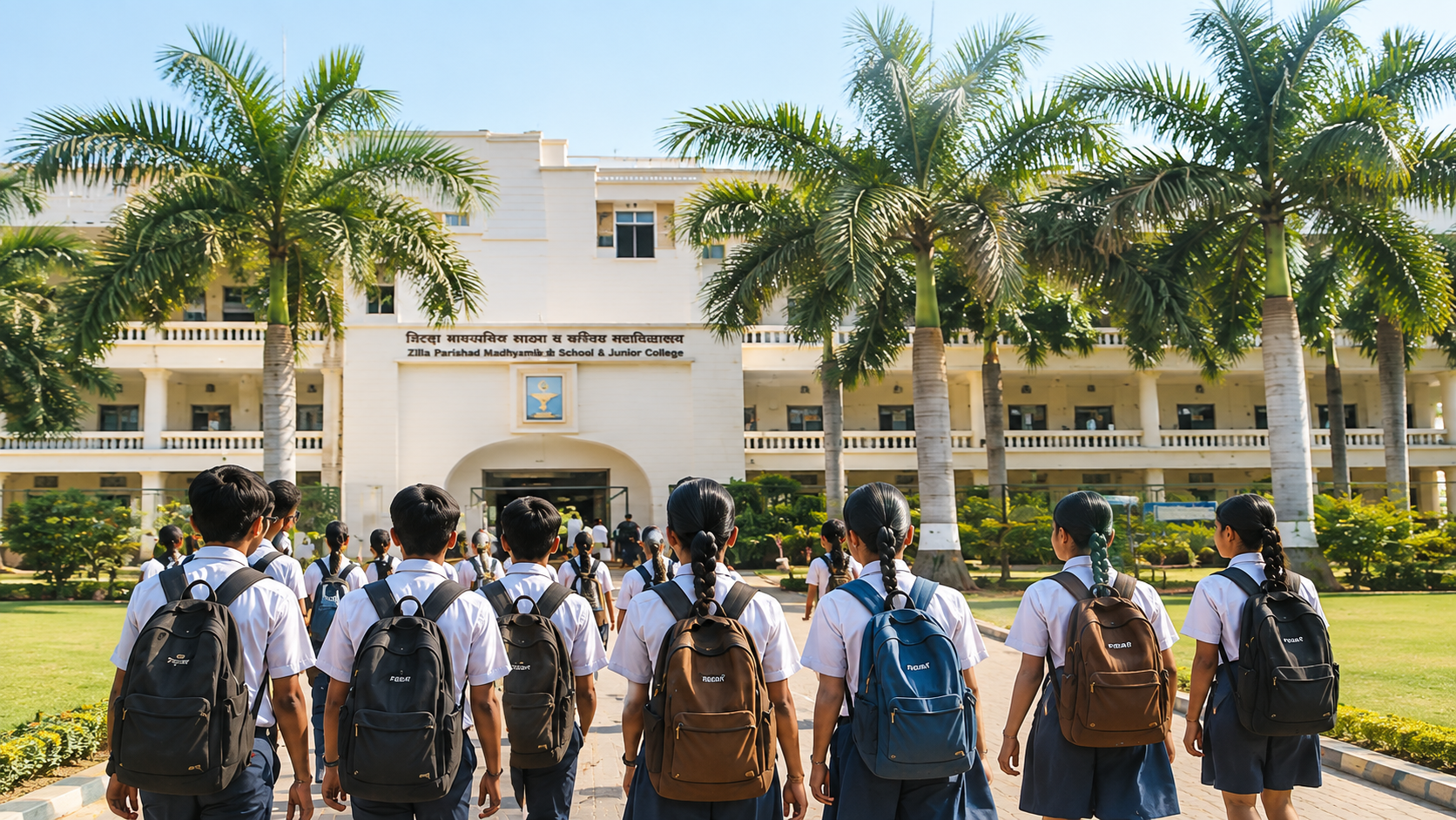 Students walking into their school campus in Shirpur