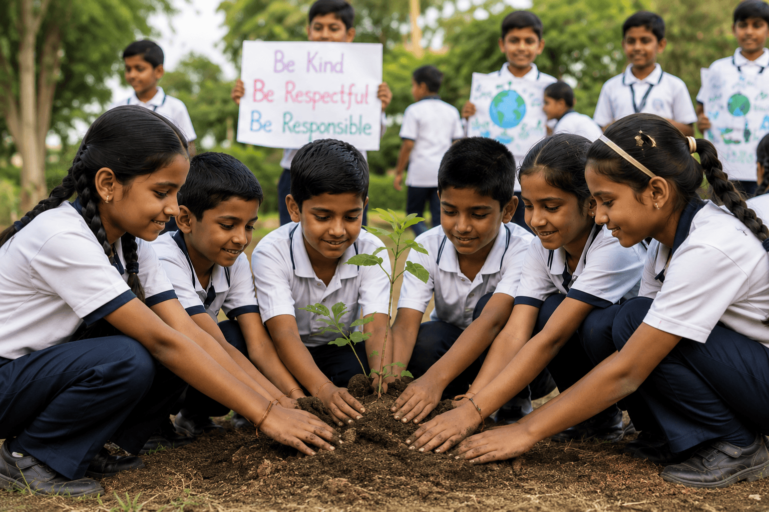 Schoolchildren planting a sapling together